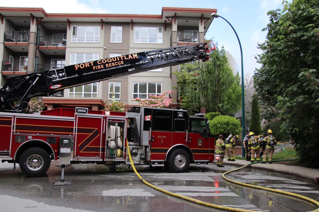 Fire crews battle a blaze in Port Coquitlam on Tuesday June 18, 2024.