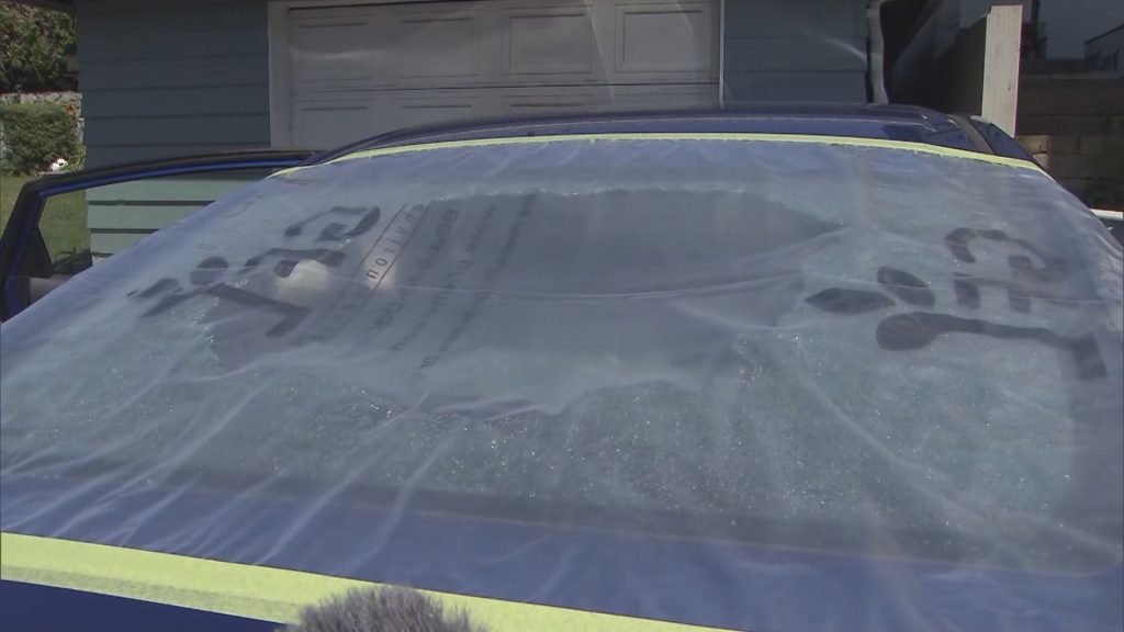 Damage is seen to the rear window of a vehicle