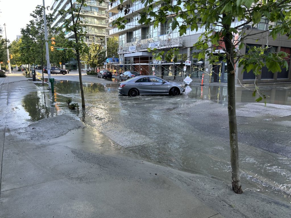 About six to eight inches of effluent was pooling on Columbia Street near West 2nd Avenue in the city's Olympic Village neighbourhood just before 6 a.m.