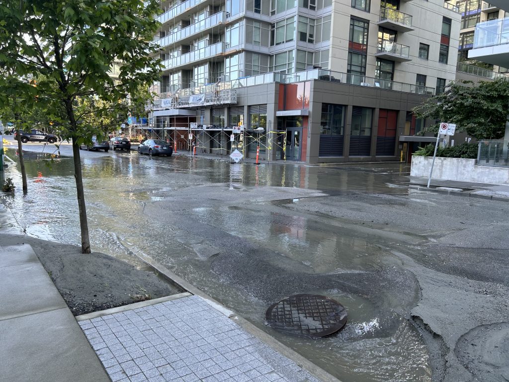 About six to eight inches of effluent was pooling on Columbia Street near West 2nd Avenue in the city's Olympic Village neighbourhood just before 6 a.m.