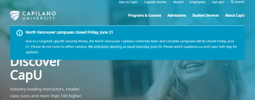 CapU campuses in North Vancouver are closed Friday. (Courtesy Capilano University)