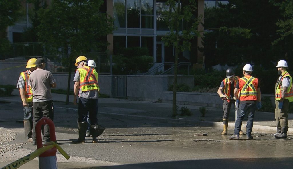 A sewer main leak near Olympic Village June 20, 2024.