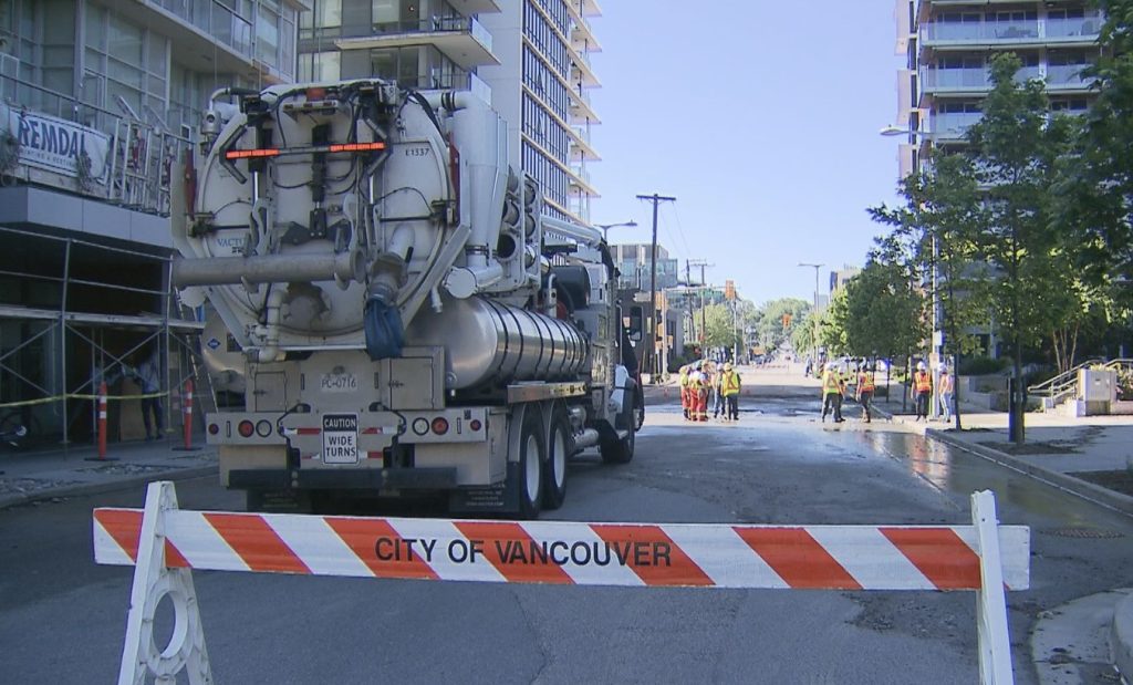 A sewer main leak near Olympic Village June 20, 2024.