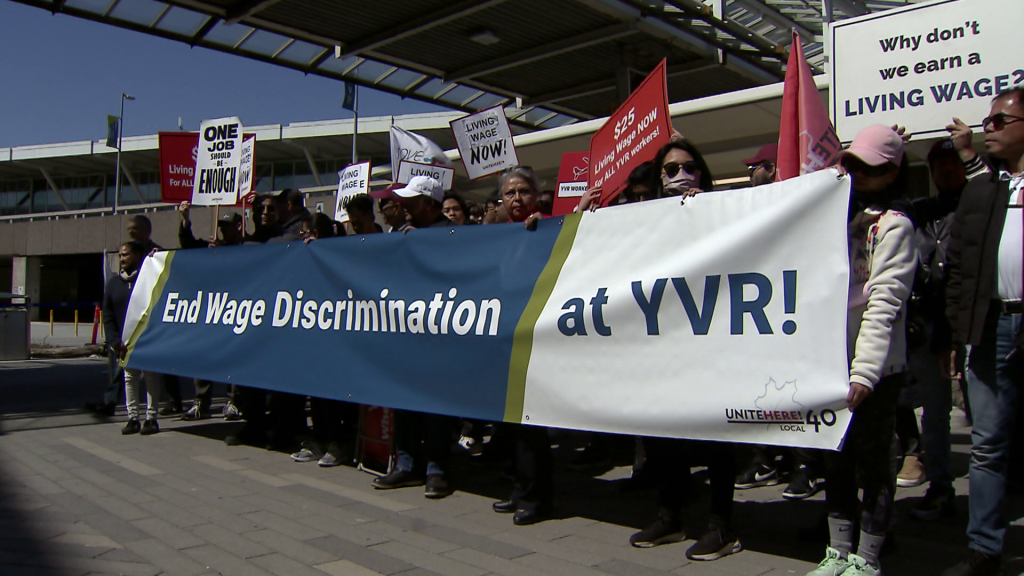 YVR's food workers held a rally at the airport, saying they deserve to be paid a living wage.