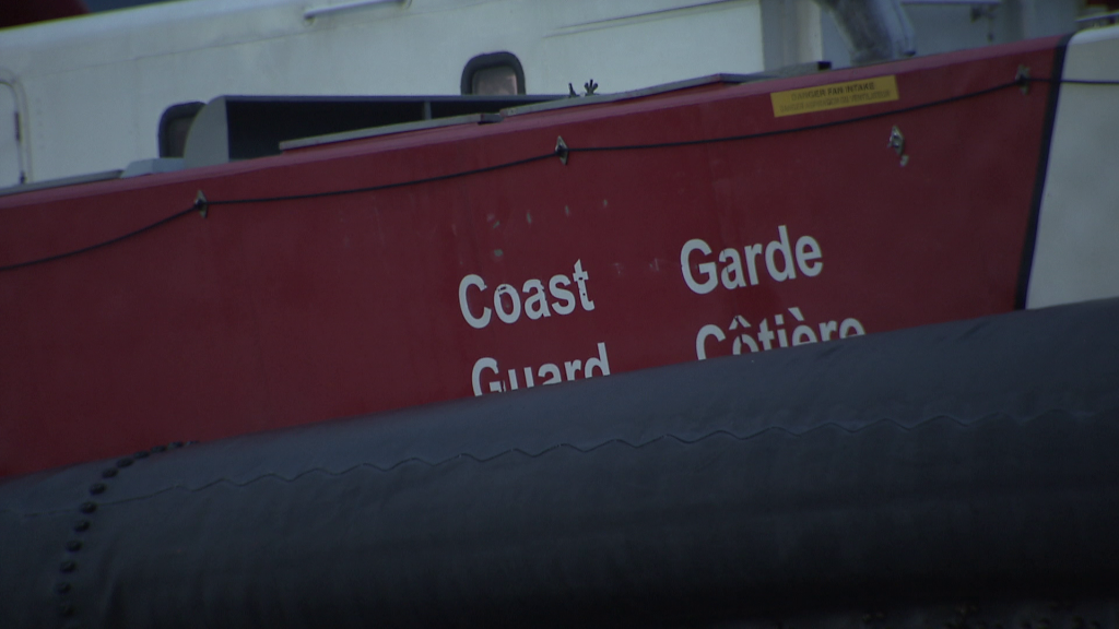 A Coast Guard hovercraft is seen.