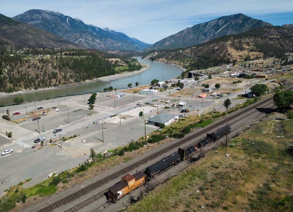 A CPKC firefighting train sits on the tracks above the village of Lytton, B.C., Tuesday, June 25, 2024. Mayor Denise O'Connor provided an update on the rebuilding progress Tuesday, ahead of the third anniversary of the fire that destroyed 90 percent of the community. 