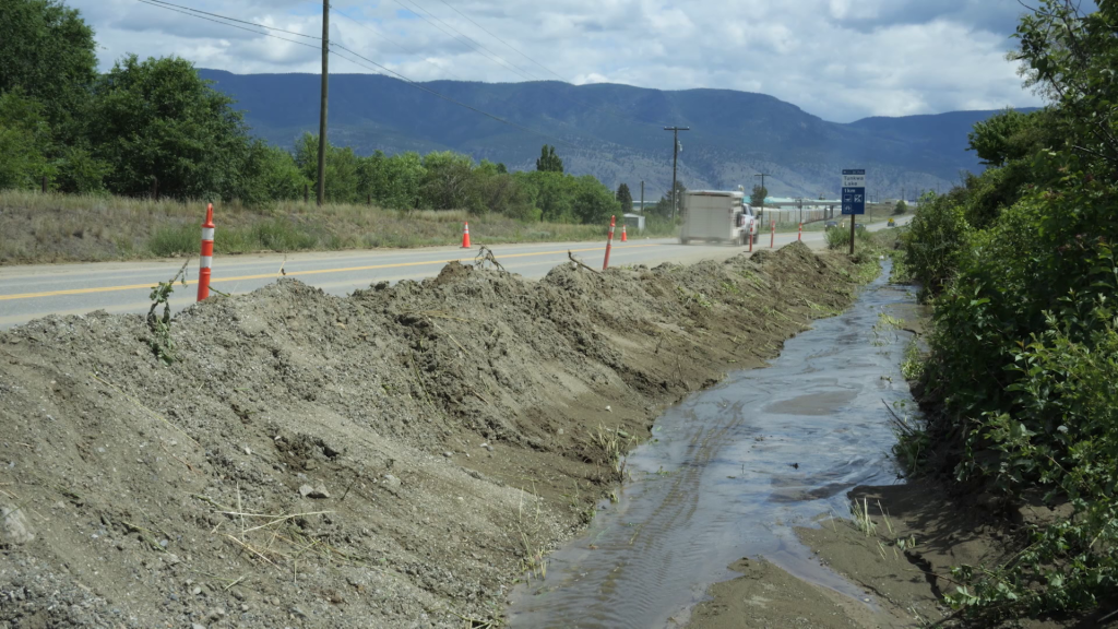 Dirt and debris are seen along Highway 1 near Savona, B.C. on Tuesday July 2, 2024.