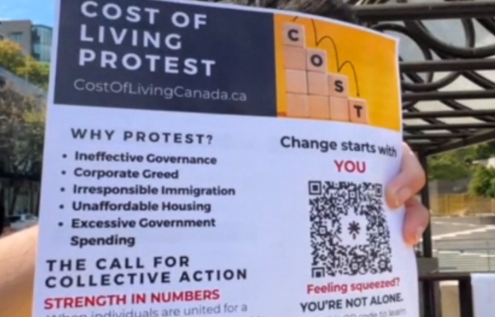 A group of people gathered at the Vancouver Art Gallery on Monday, July 1, to protest the high cost of living in Canada.