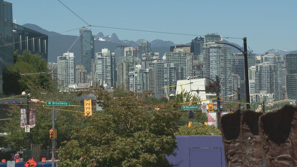 A view of Downtown Vancouver and the North Shore mountains, through what is described in Vancouver as a 'view cone'