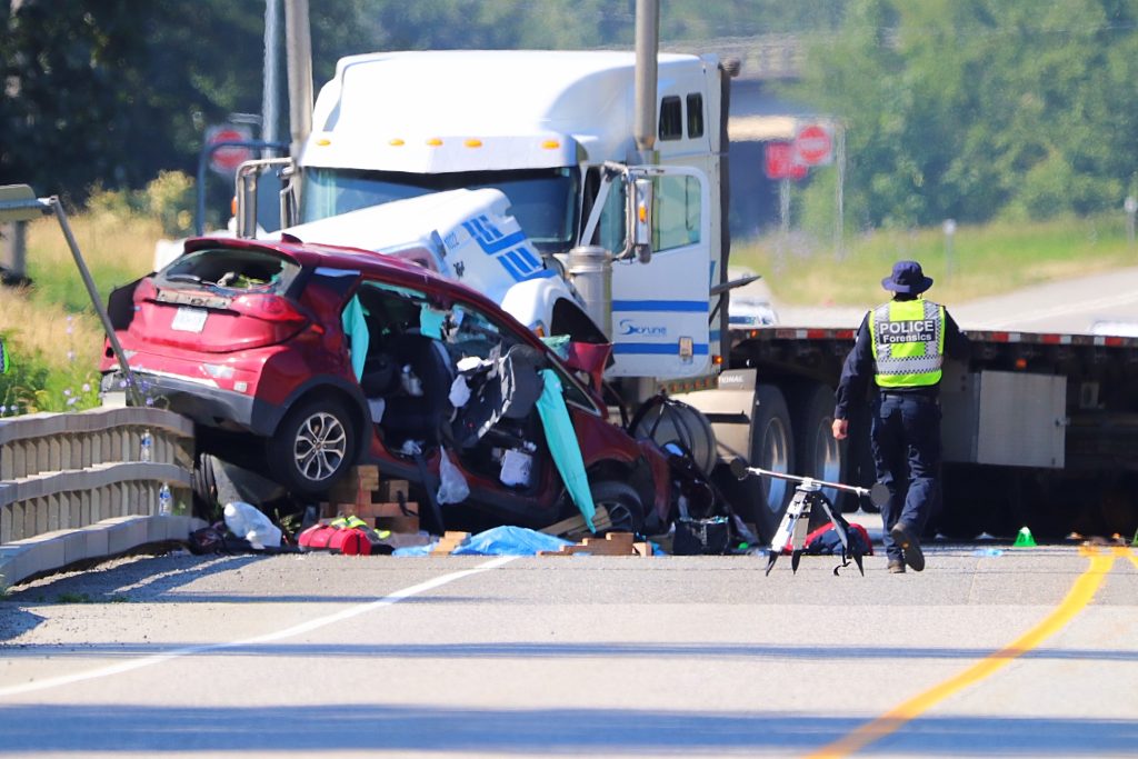 The site of a crash between a semi and an SUV on Lougheed Highway east of Agassiz the morning of July 9, 2024