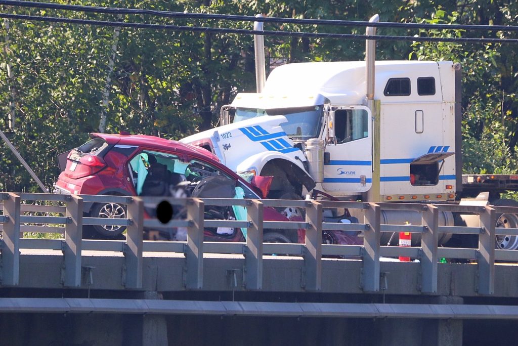 The site of a crash between a semi and an SUV on Lougheed Highway east of Agassiz the morning of July 9, 2024. BCEHS says one person was airlifted to the hospital. (Shane MacKichan, CityNews Image)