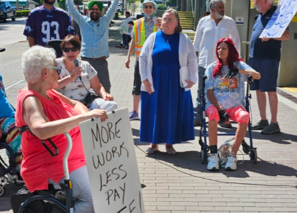 HandyDART workers protested outside of TransLink on Wednesday, July 10, 2024, calling for a new contract. This comes two weeks after unionized members voted in favour of strike action.