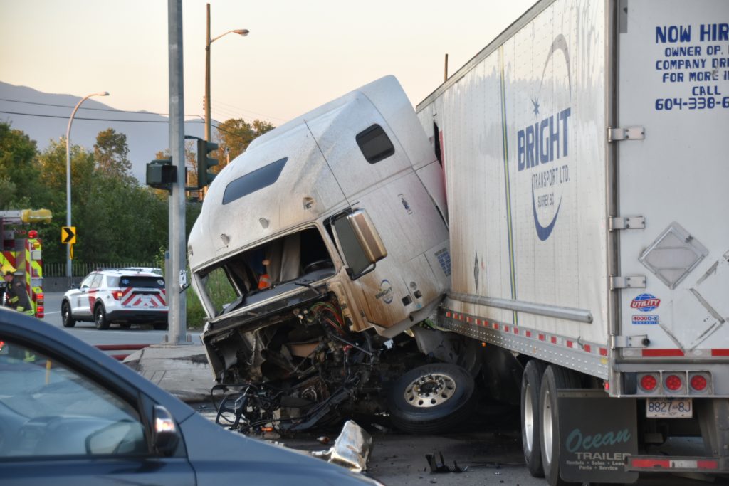 A serious crash Tuesday evening involving two tractor-trailers has closed Highway 17 in Surrey. (Credit Curtis Kreklau)