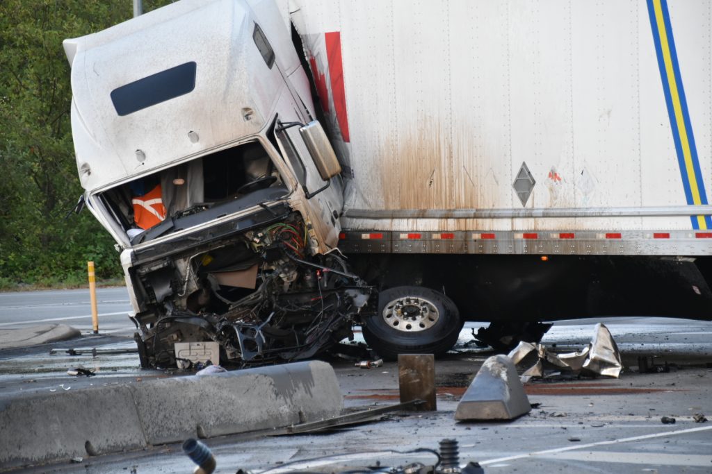 A serious crash Tuesday evening involving two tractor-trailers has closed Highway 17 in Surrey. (Credit Curtis Kreklau)