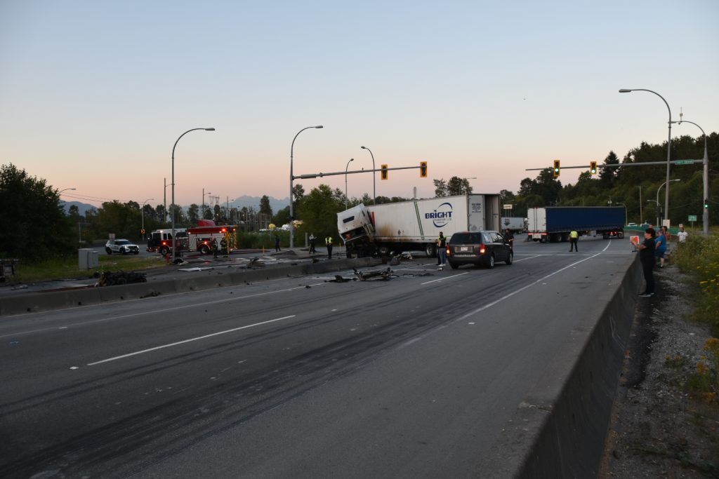 A serious crash Tuesday evening involving two tractor-trailers has closed Highway 17 in Surrey. (Credit Curtis Kreklau)