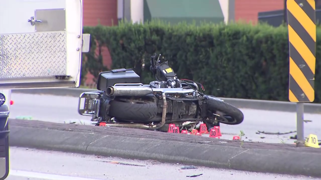 The scene of a crash involving a motorcycle in Mission on July 17, 2024.