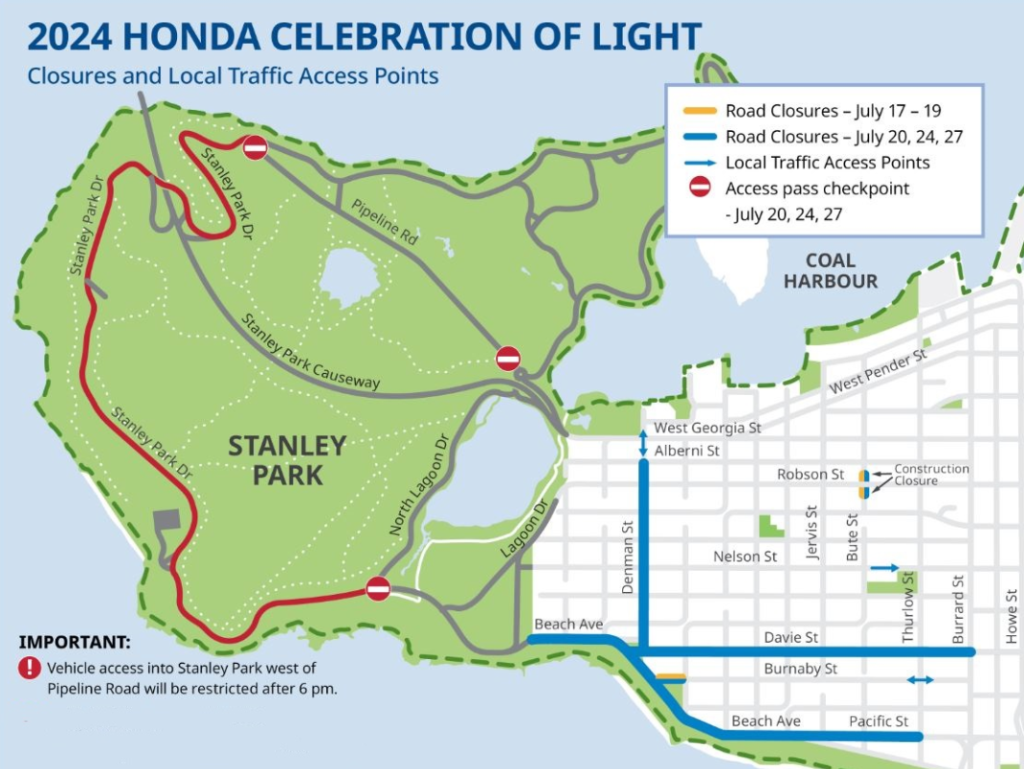 Road closures for the 2024 Celebration of Light fireworks show in Vancouver. 