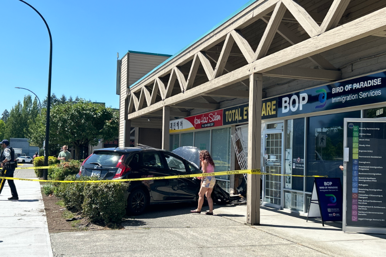 A car crashed into the front of a Coquitlam eye care clinic Friday, leaving a damaged storefront and vehicle.