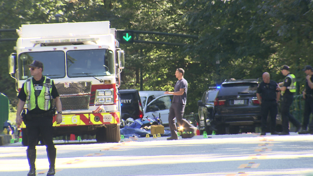 First responders on scene of a fatal crash on the Stanley Park Causeway.