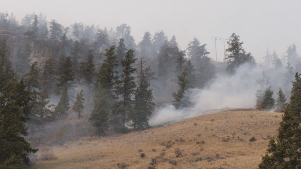 Smoke from the Shetland Creek wildfire rises next to Highway 1 near Spence Bridge