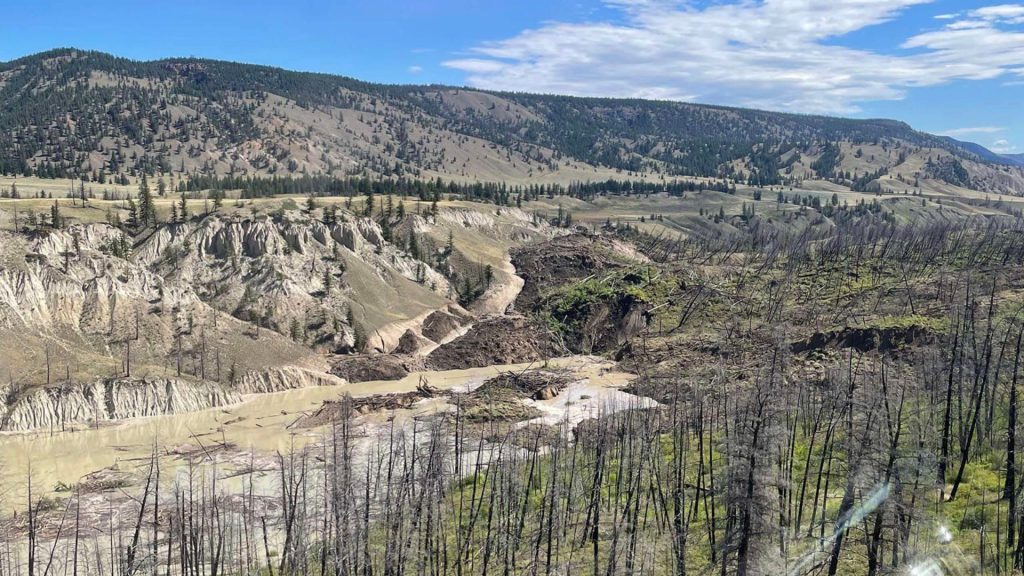 A landslide is seen on the Chilcotin River south-west of Williams Lake on Wednesday July 31, 2024.