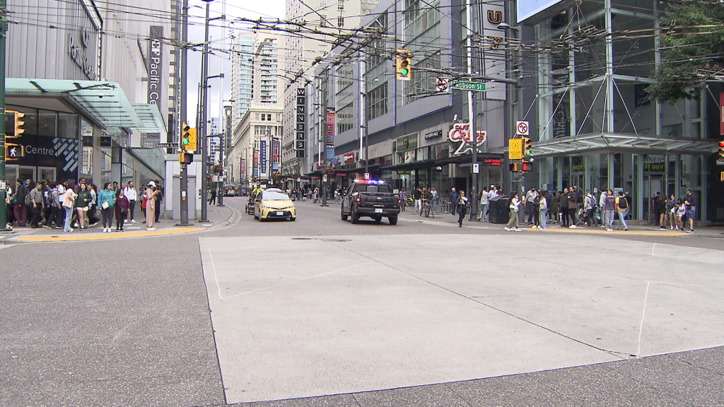 A pedestrian priority crossing is seen in Vancouver on Tuesday July 30, 2024.