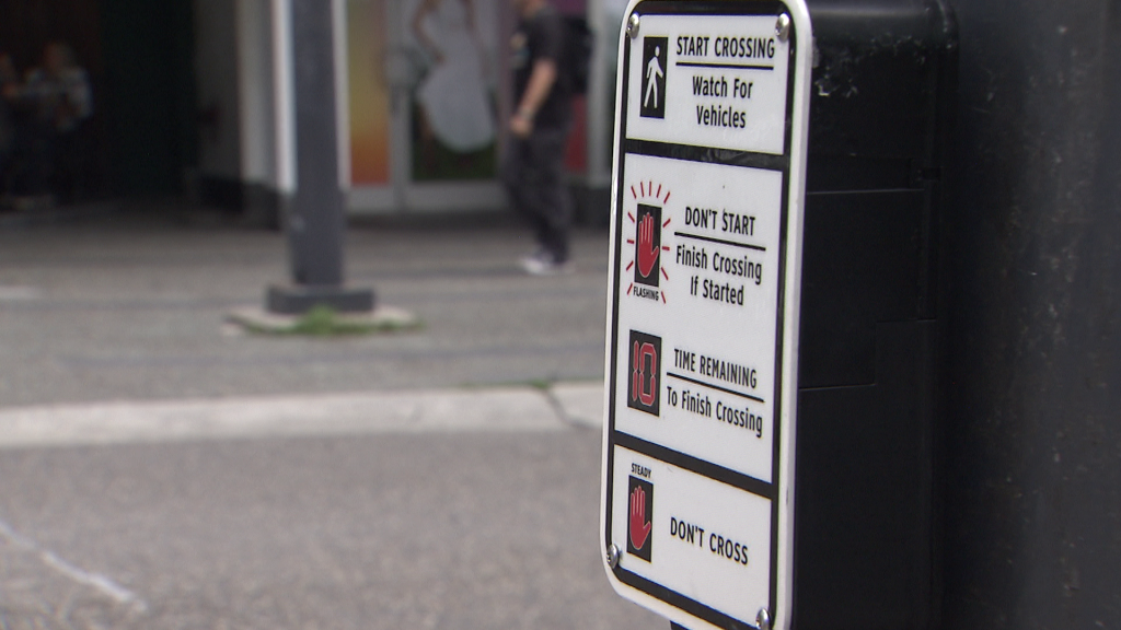 A pedestrian priority crossing is seen in Vancouver on Tuesday July 30, 2024.