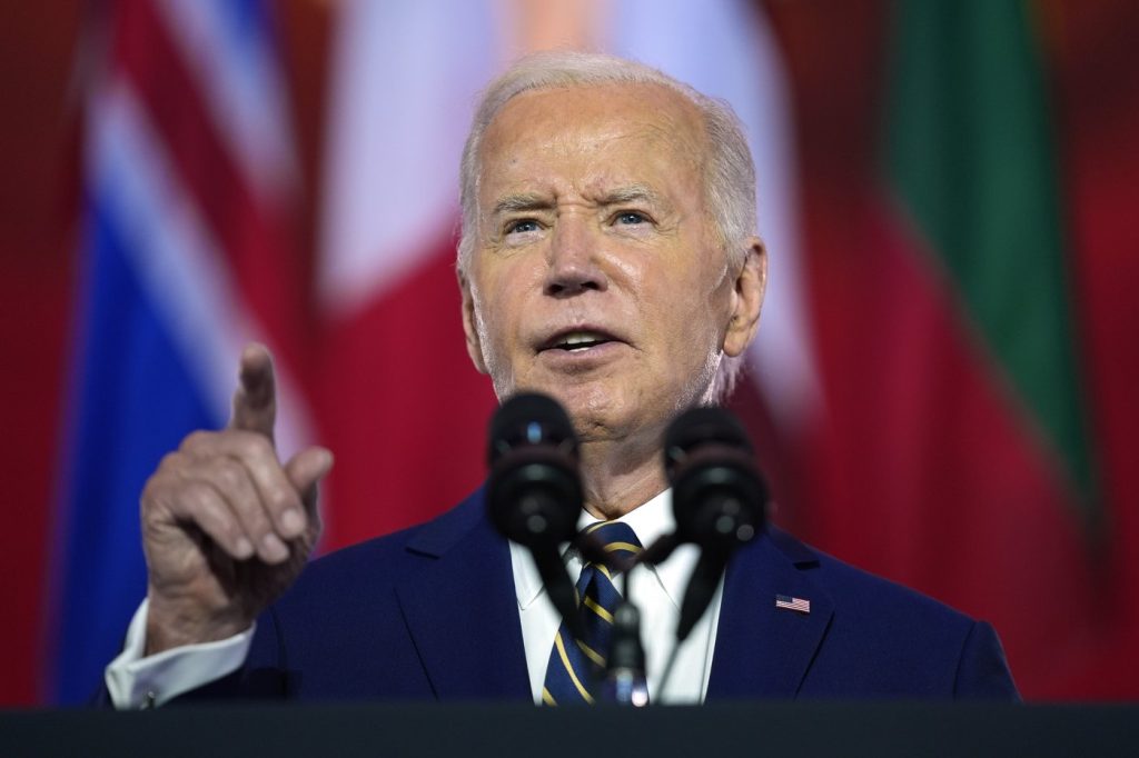 President Joe Biden delivers remarks on the 75th anniversary of NATO at the Andrew W. Mellon Auditorium, Tuesday, July 9, 2024, in Washington.