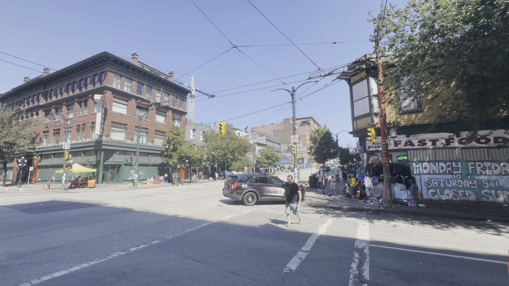 The intersection of Columbia Street and East Hastings Street in Vancouver.