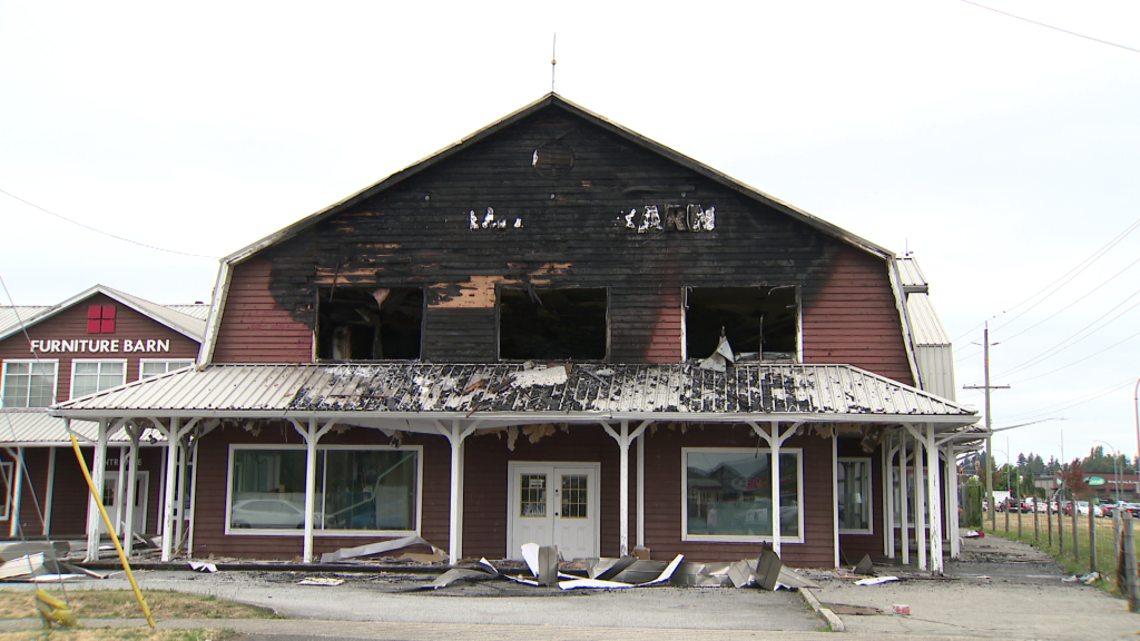 A burned out barn is seen in Cloverdale