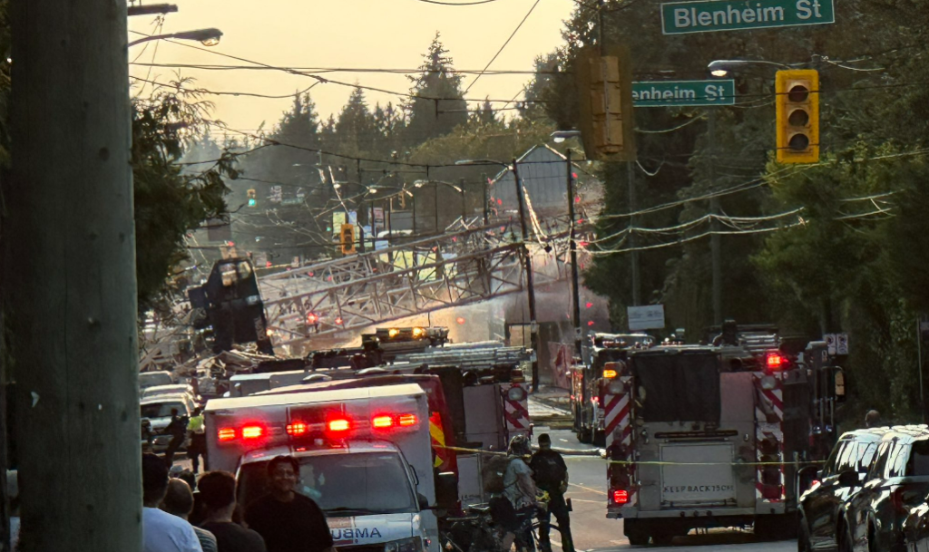 A crane fell over as firefighters were battling a blaze in Vancouver's Dunbar-Southlands neighbourhood on Aug. 6, 2024.