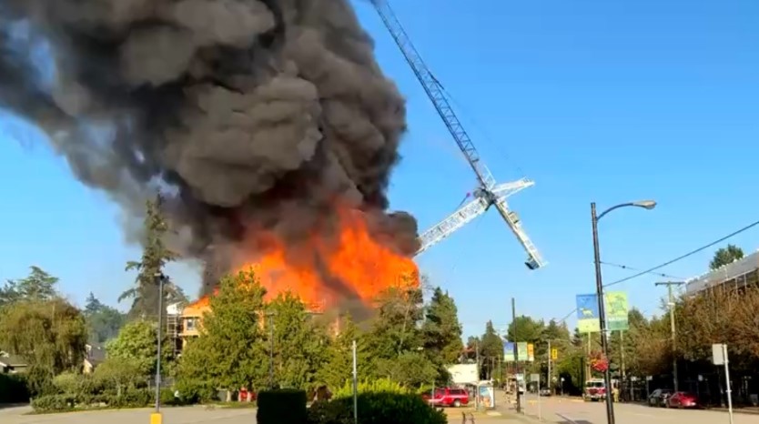 A crane fell over as firefighters were battling a blaze in Vancouver's Dunbar-Southlands neighbourhood on Aug. 6, 2024.