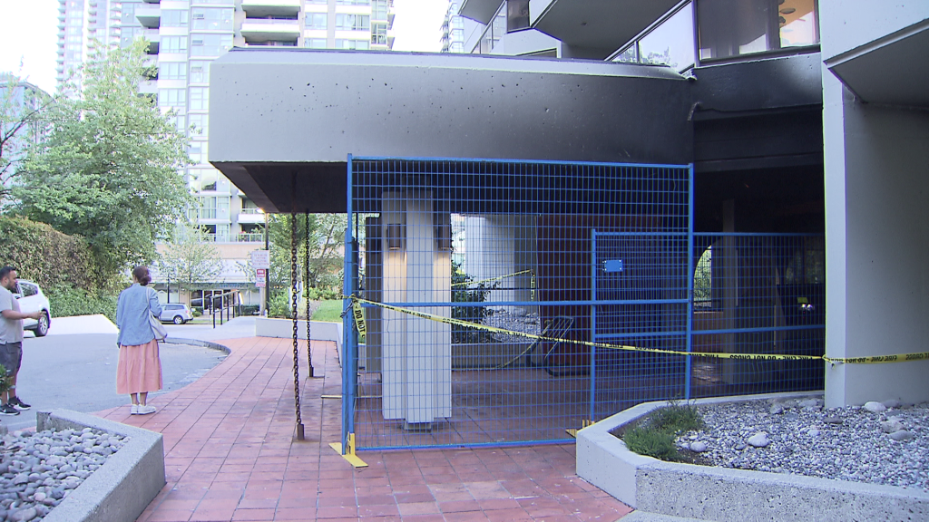 Burn marks can be seen at the entrance of a Burnaby apartment building on Wednesday August 8, 2024.