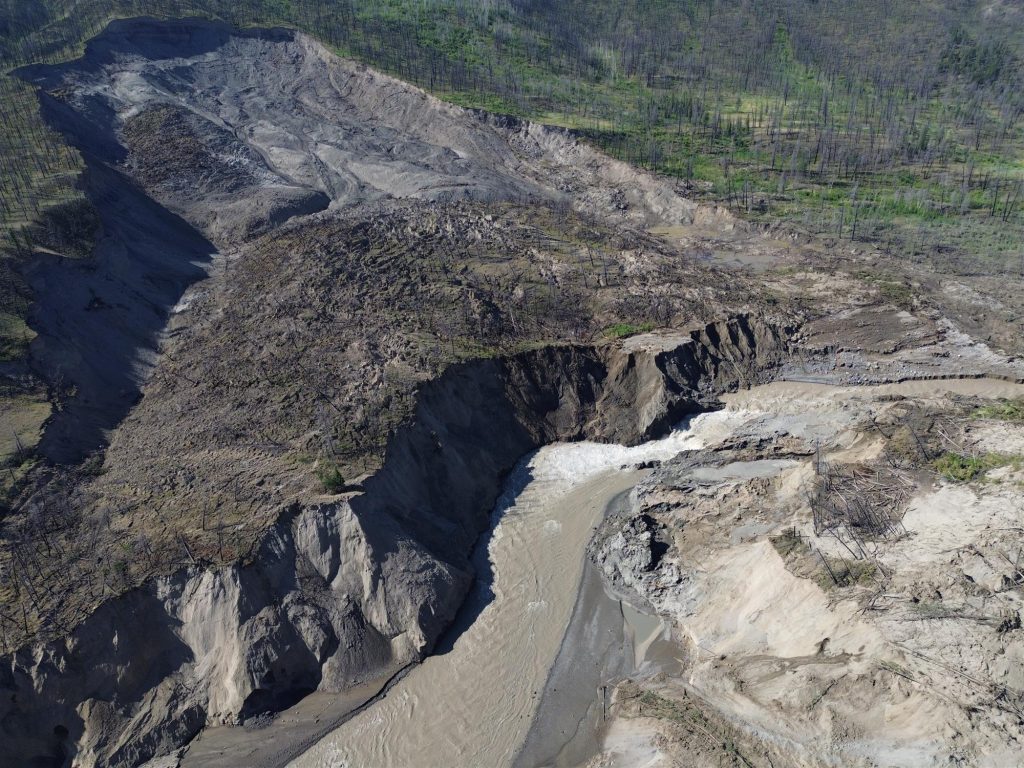 An aerial view via a drone of the Chilcotin River Landslide.