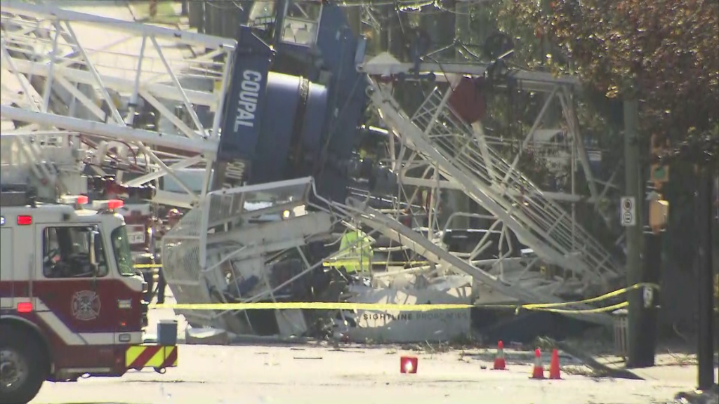 The aftermath on Aug. 7, 2024, of a crane collapse in Vancouver's Dunbar-Southlands neighbourhood, where a fire broke out on Aug. 6, 2024.