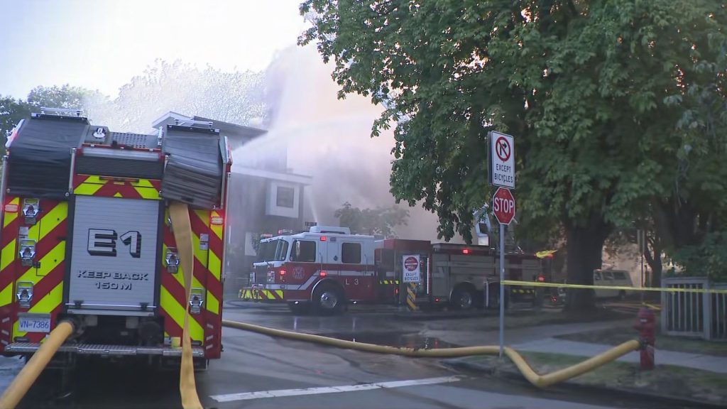 Vancouver Fire Rescue crews battle a blaze at 414 East 10th Avenue on Tuesday August 6, 2024.