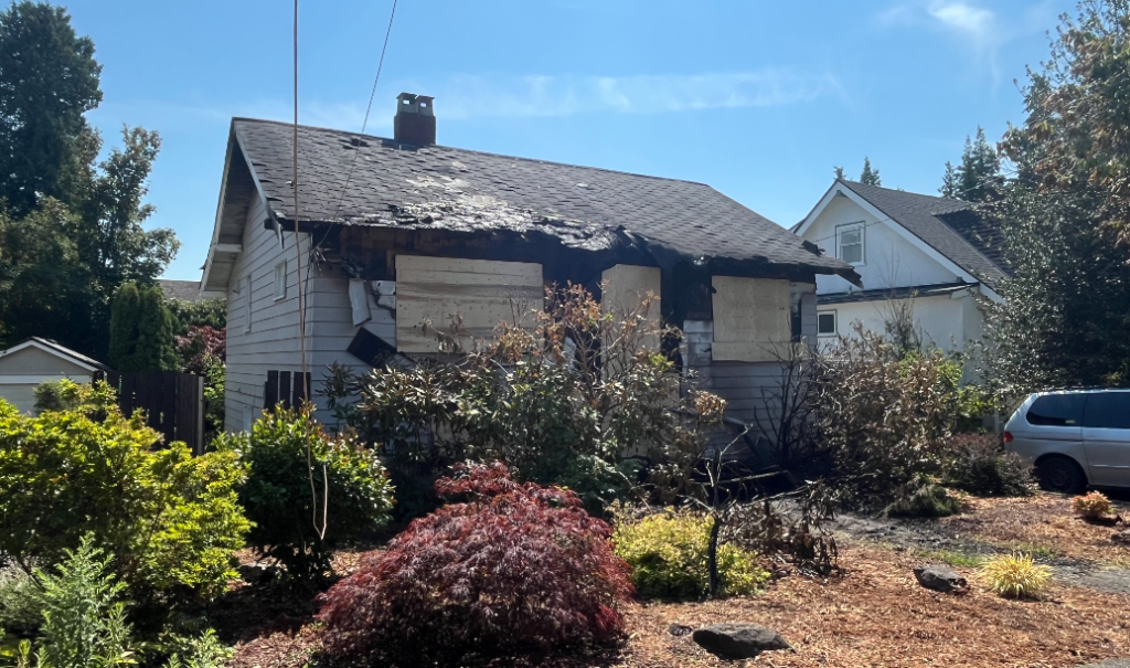 A damaged home in the Dunbar-Southlands area of Vancouver, following a massive fire on Aug. 6, 2024.