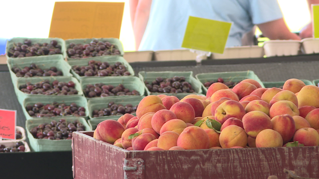 Various fruits are seen at a Farmers Market.