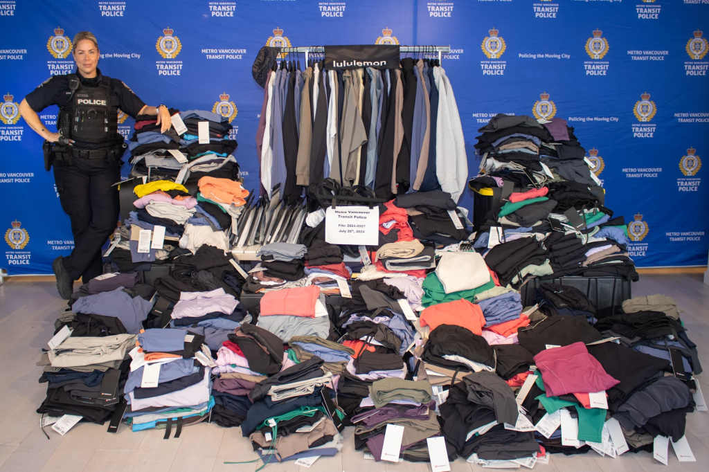 An arrest on a SkyTrain by Metro Vancouver Transit Police officers in April has led to the recovery of nearly $100,000 worth of stolen lululemon products. (Courtesy Metro Vancouver Transit Police)