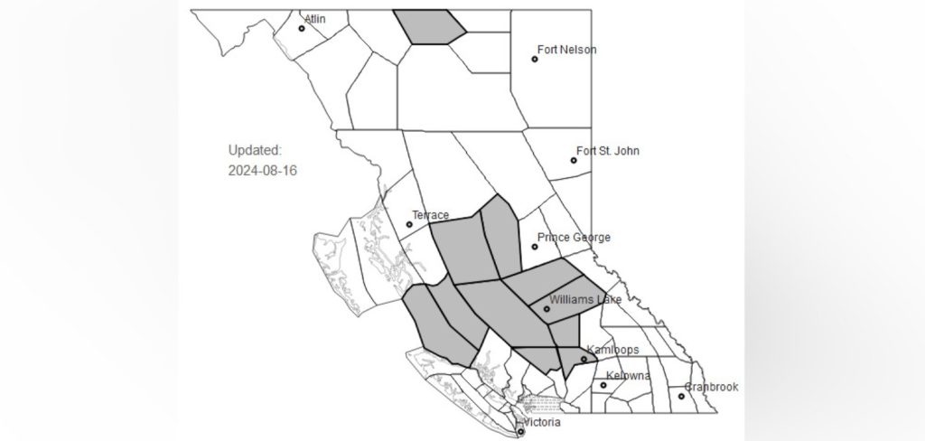 A smoky skies bulletin was issued Aug. 16 for the areas highlighted in grey.