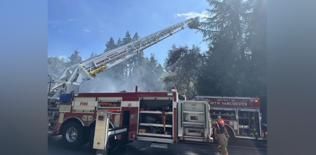 Crews on the scene of a fire near the corner of Delbrook and Windsor in North Vancouver on Aug. 17, 2024.