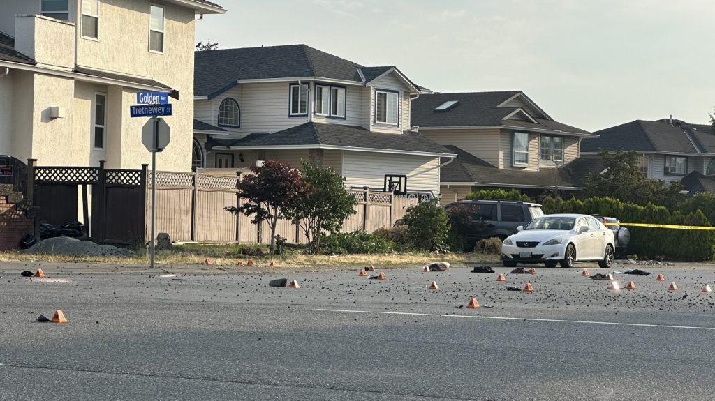 Debris is seen on the roadway following a fatal incident involving a motorcycle in Abbotsford, B.C. on Saturday August 17, 2024.