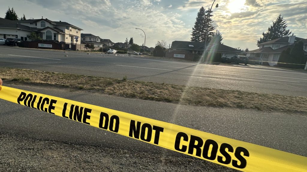 Debris is seen on the roadway following a fatal incident involving a motorcycle in Abbotsford, B.C. on Saturday August 17, 2024.