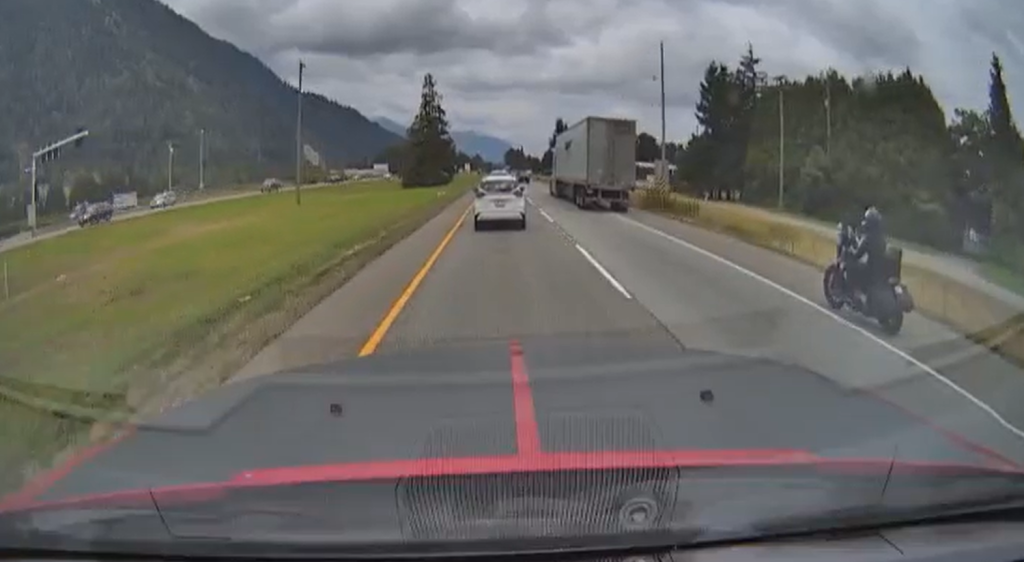 Still from dashcam footage captured on Highway 1 in Chilliwack