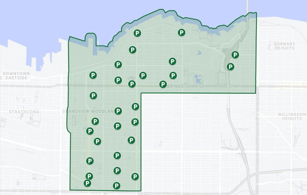 Map of Lime scooter parking stations in Vancouver