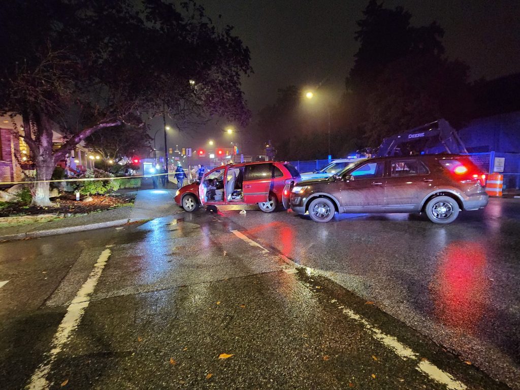 A minivan crashed on the sidewalk