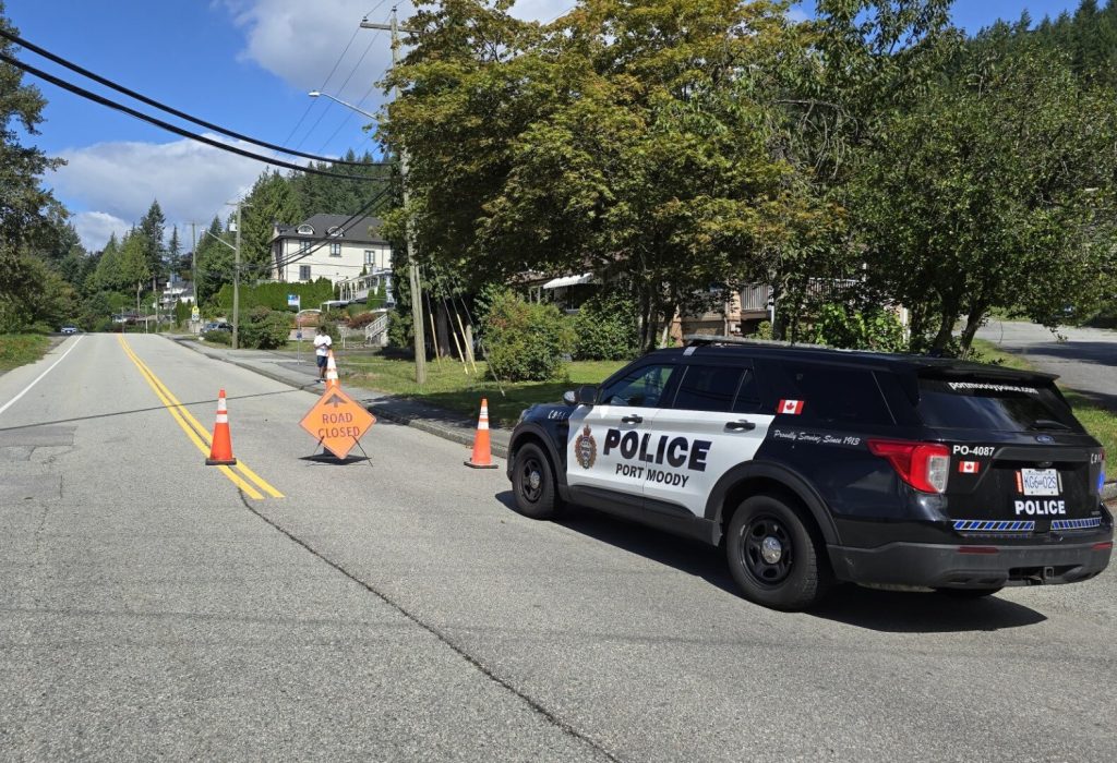 A police vehicle blocks Loco Road in Port Moody