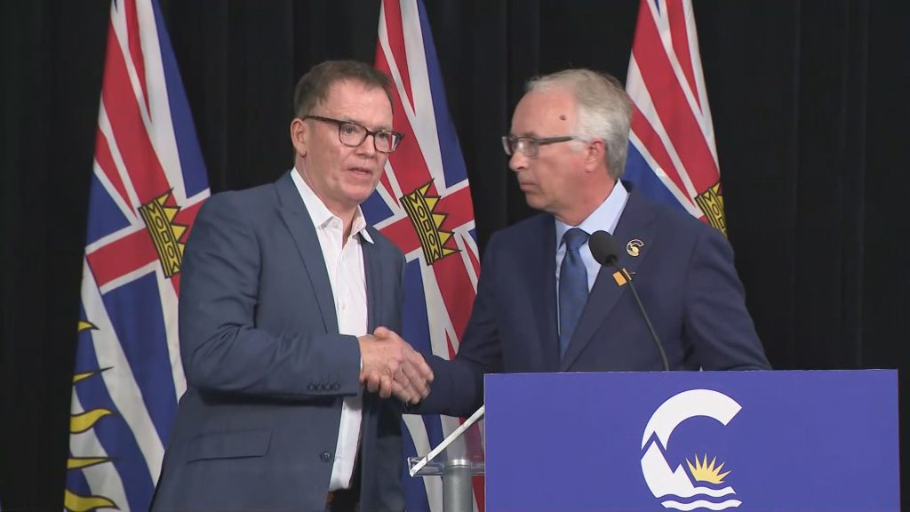 BC United Leader Kevin Falcon shakes the hand of Conservative Party of BC Leader John Rustad