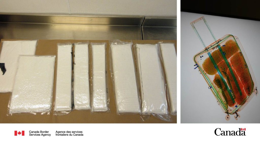 Seized meth in sealed bags and a digital scan of a suitcase containing the bags