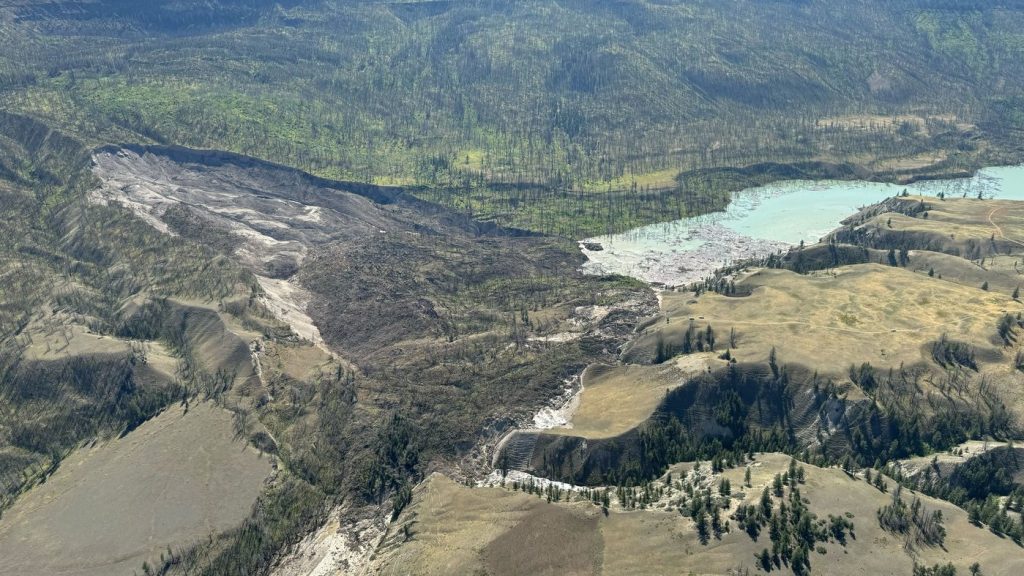 A landslide along the Chilcotin River near Williams Lake, B.C. is shown in this Thursday, Aug. 1, 2024 handout photo